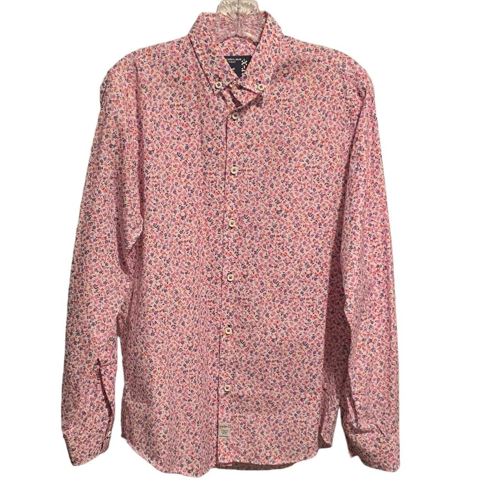 Women's L Ditsy Print Pink Purple Button Down Shirt ROCQER-X Preppy Floral